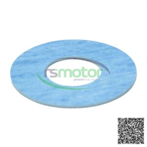 Junta MWM RS-01137942: Una junta circular azul claro con un orificio central, sobre un fondo blanco.