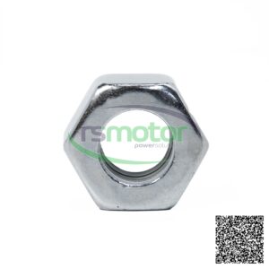 Una tuerca hexagonal brillante y plateada, con el logotipo "rsmotor powersolutions" y un código QR en la esquina inferior der