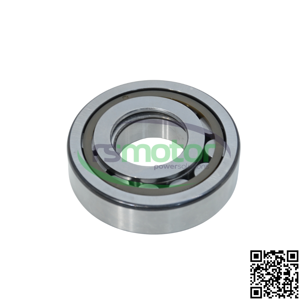 A Jenbacher cylindrical roller bearing with reference RS100423 on a white background with the "RS Motor" logo and a QR code