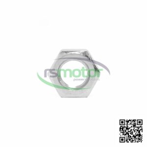 Tuerca hexagonal Jenbacher RS-113807 plateada sobre fondo blanco, con el logotipo "rsmotor powersolutions" y un código QR.
