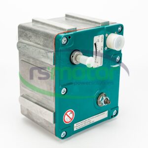 Actuador Heinzmann 12210285 sobre un fondo blanco con el log de "RS Motor" de fondo