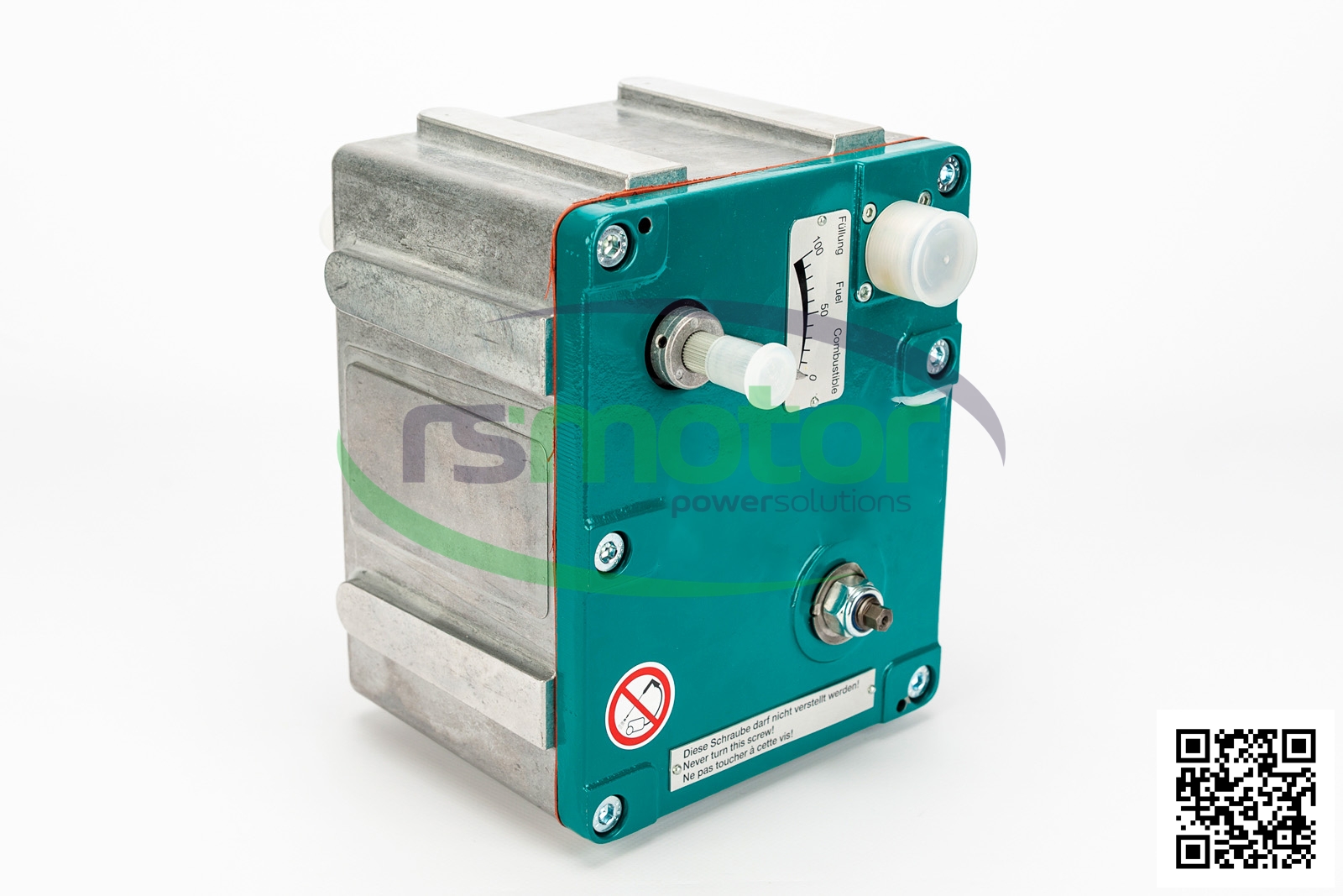 Actuador Heinzmann 12210285 sobre un fondo blanco con el log de "RS Motor" de fondo