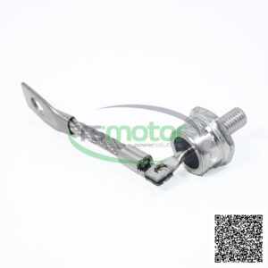 Diodo MWM RS-12211828 plateado con un cable trenzado y un terminal plano, sobre fondo blanco.