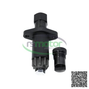 Virador MWM RS-12276678: Pieza metálica negra con engranaje y tornillo, junto a una tapa, sobre fondo blanco.