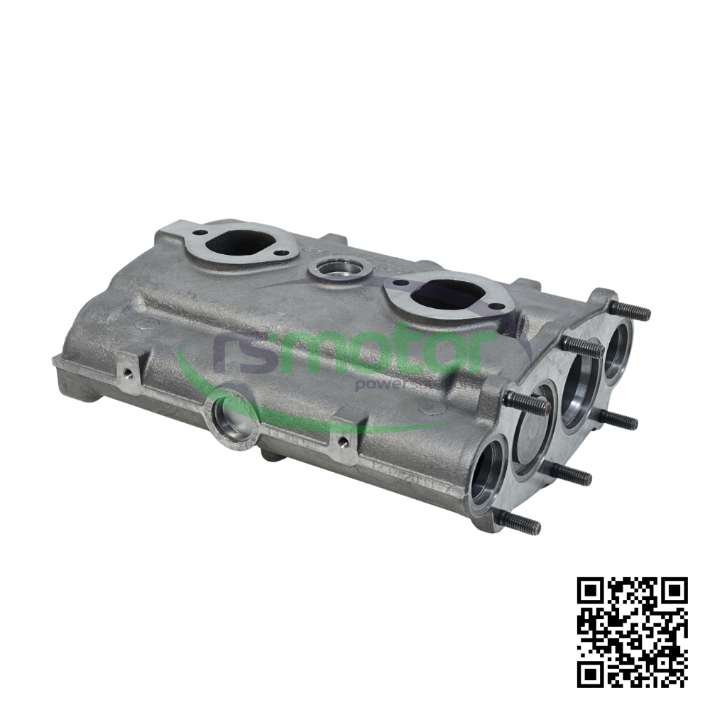 Tubo de escape MWM de color gris con referencia RS12278716 sobre un fondo blanco con el logo de "RS Motor" de fondo y un código QR en la esquina