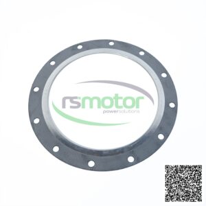 Junta MWM RS-12278839: Una junta circular gris con 12 orificios para tornillos, un centro plateado y el logo "rsmotor powerso