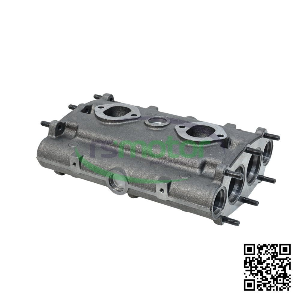 Tubo de escape MWM de color gris con referencia RS12278859 sobre un fondo blanco con el logo de "RS Motor" de fondo y un código QR en la esquina