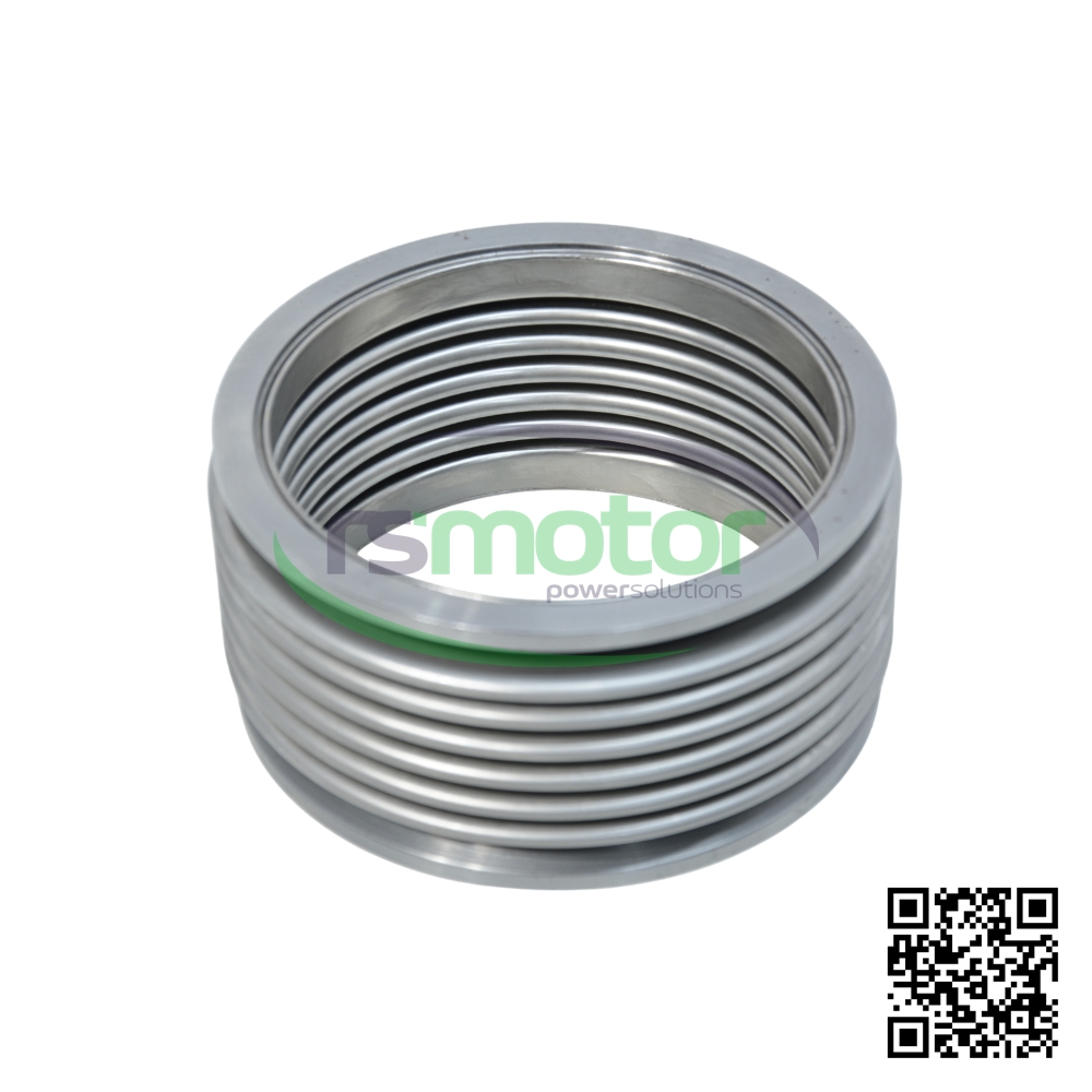 Gray expansion joint with reference MWM RS12342478 on a white background with the “RS Motor” logo in the background and a QR code in the corner.