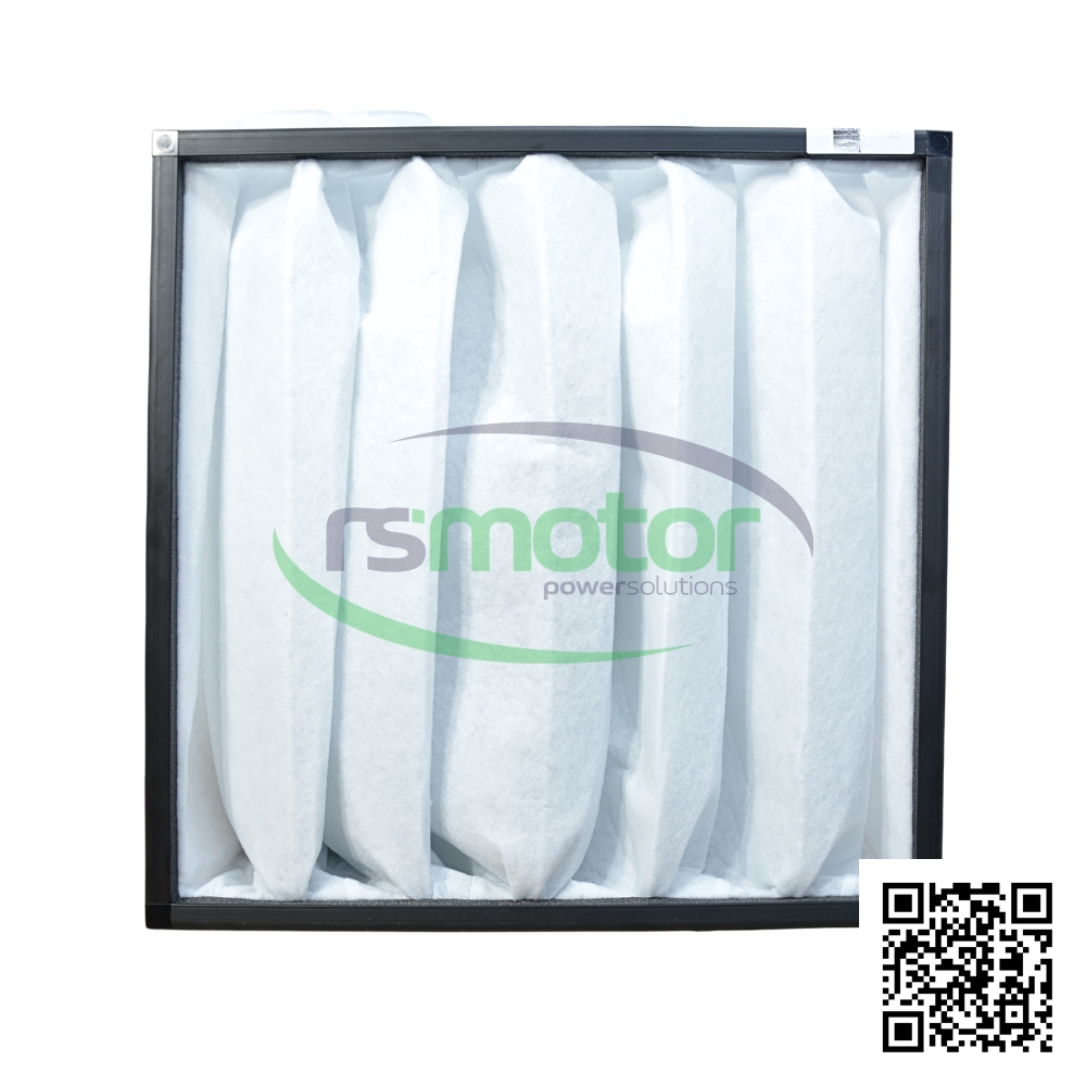 Un filtro de bolsa Jenbacher con referencia RS316059 sobre un fondo blanco con el logo de "RS Motor" de fondo y un QR