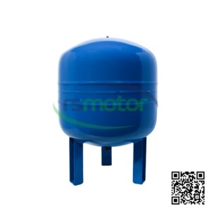 Vaso de expansión Jenbacher RS-405639 azul, cilíndrico con base de tres patas, sobre fondo blanco con logo y código QR.