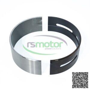 Cojinete principal Jenbacher RS-476570, con dos mitades, una plateada y otra oscura, sobre fondo blanco con logo RSMotor.