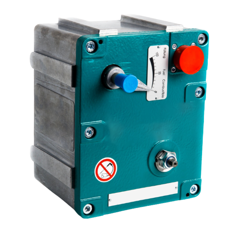 Actuador MWM RS-12284099 verde y gris con etiquetas de información y un dial, sobre un fondo blanco.