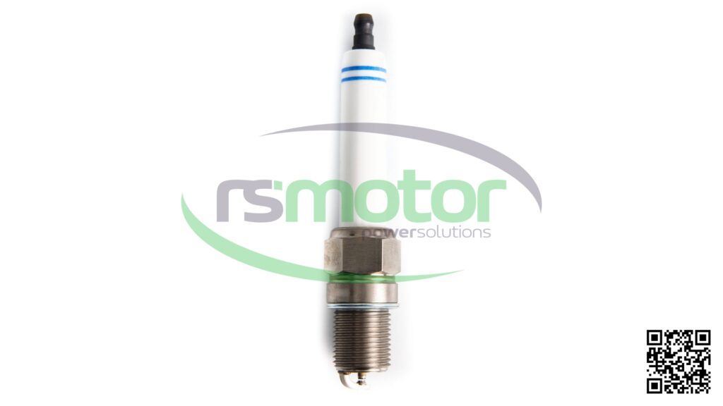 Bujía Bosch 7308 RS-00007308 de color blanco y metal, con el logo "BOSCH" y "rsmotor" en el centro.