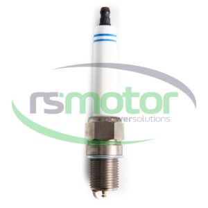 Bujía Bosch 7308 RS-00007308 de color blanco y metal, con el logo "BOSCH" y "rsmotor" en el centro.