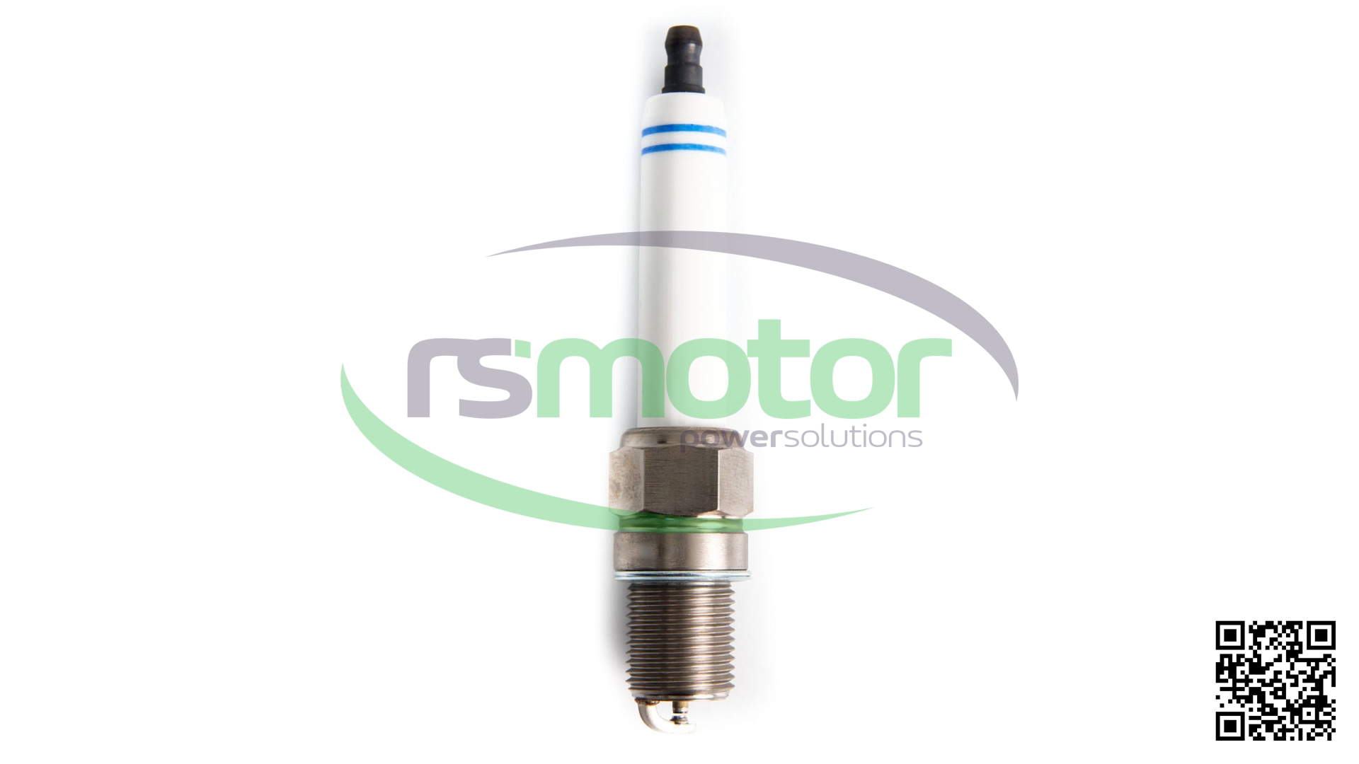 Bujía Bosch 7308 RS-00007308 de color blanco y metal, con el logo "BOSCH" y "rsmotor" en el centro.