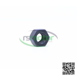 Tuerca hexagonal MWM RS-01321459 de color oscuro sobre un fondo blanco, con un logo de RS Motor y un código QR.