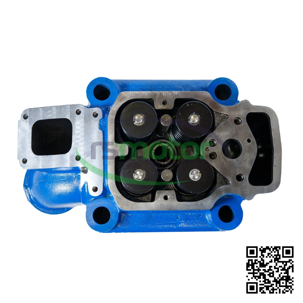 Una culata de motor azul y gris con cuatro válvulas negras, vista desde arriba.