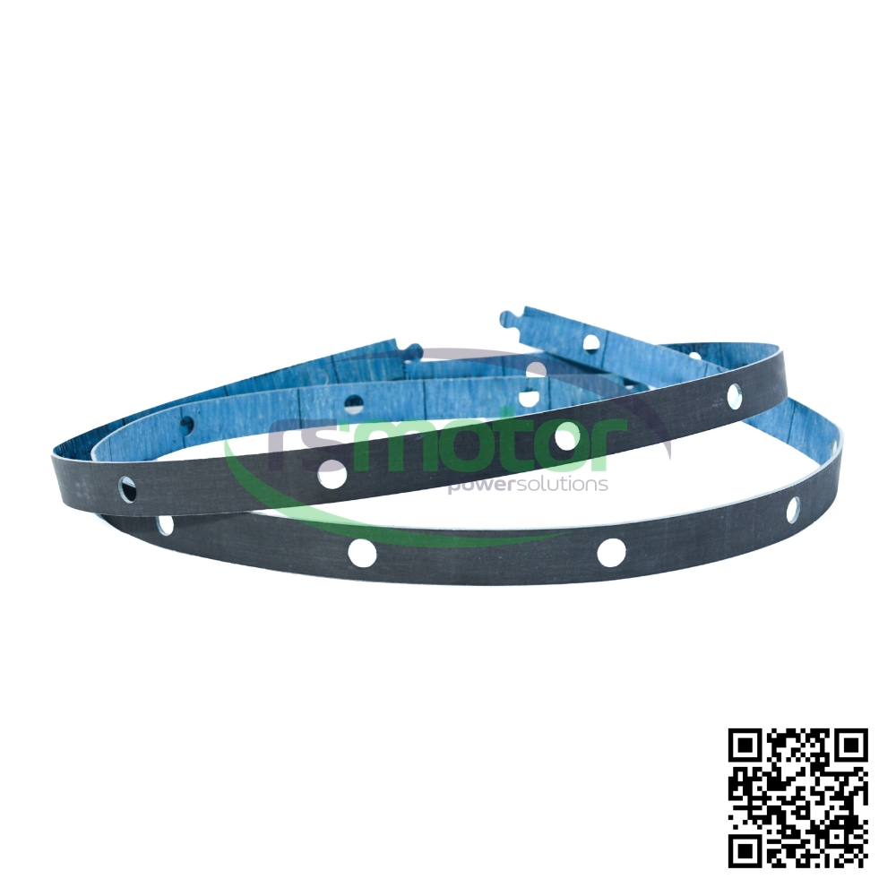 Junta MWM RS-12276603: Dos tiras de junta negras y azules con orificios, dispuestas en forma circular.