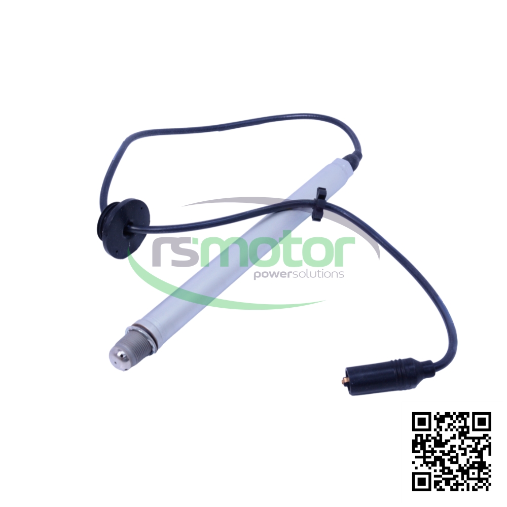 Bujía MWM RS-12282365 con cable negro y etiqueta amarilla, sobre fondo blanco con el logotipo "rsmotor powersolutions".