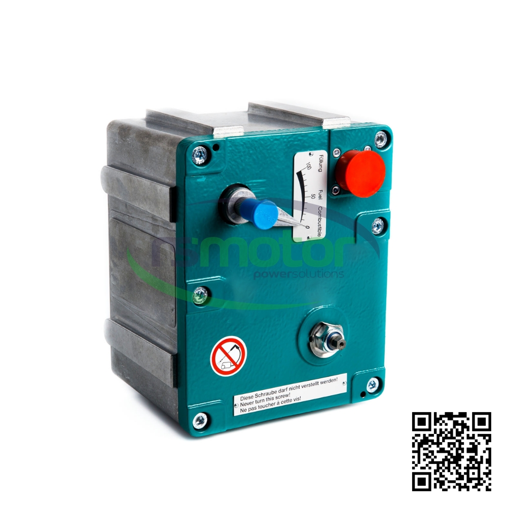 Actuador MWM RS-12284099 verde y gris con etiquetas de información y un dial, sobre un fondo blanco.