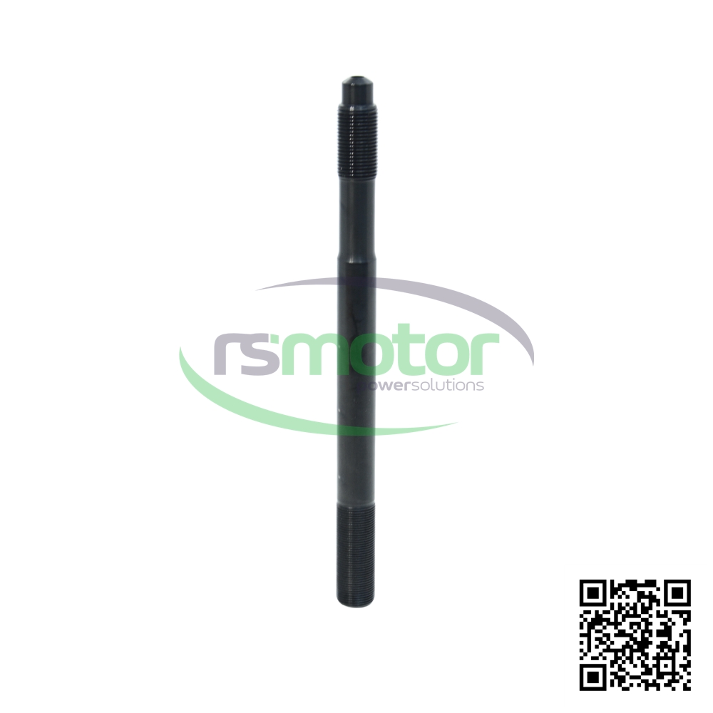 Un perno MWM con referencia RS12303038, de color negro, sobre un fondo blanco con el logo de "RS Motor" de fondo y un QR