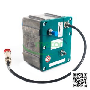 Actuador MWM RS-12453976 verde y gris con cables negros, sobre un fondo blanco.