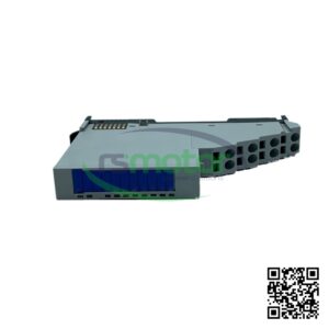 Módulo de E/S MWM RS-12501533, un dispositivo electrónico rectangular gris con conectores y una pantalla azul.